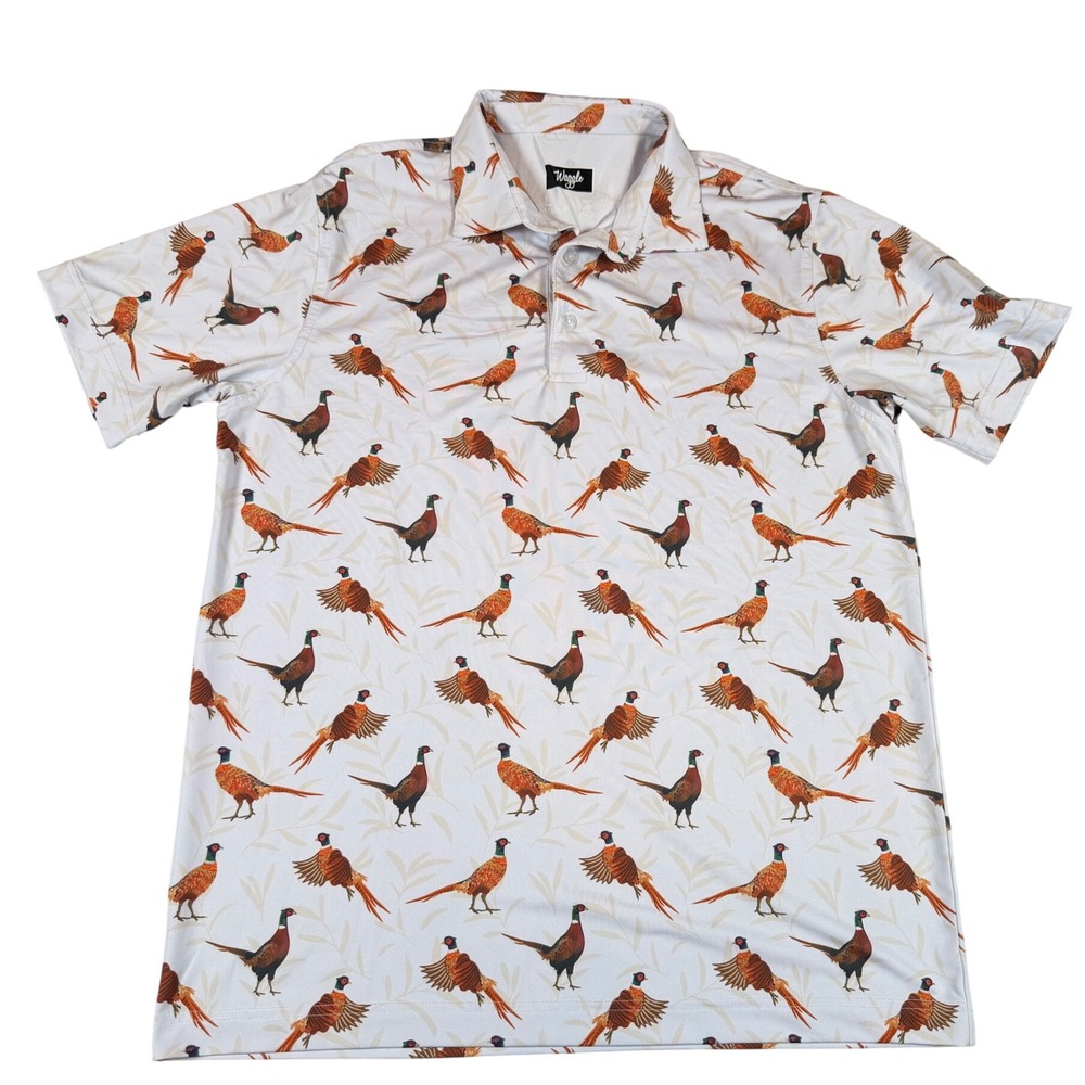 Waggle Mens Pheasant Golf Polo Shirt Large Short Sleeve Bird Print Performance